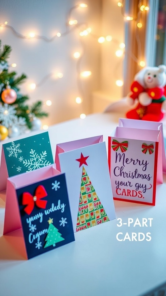 A collection of colorful DIY Christmas 3-part cards with festive designs on a decorated table.